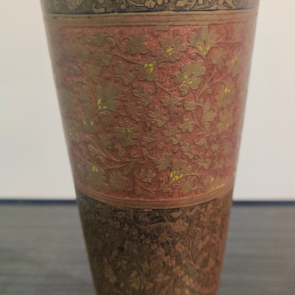 Antique Detail Hand Engraved/Painted India Brass/Copper Vase, 12" T X 2 3/4" - Picture 5 of 8